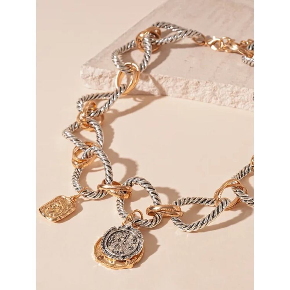 Zara Stainless Steel Two Tone Coin Statement Necklace Chunky Vintage Luxe Boho - Picture 11 of 15